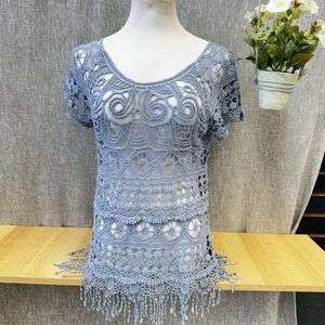 Cato Women's L Blue Boho Crochet Lace Fringe Hem Top 100% Cotton Short Sleeve